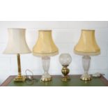 Pair of moulded fluted glass baluster table lamps each with floral decoration, on a circular base, H