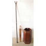 R Alister & Co. Ltd. brass handled oak hexagonal stick stand, H 50.5cm, Japanese parasol and a thumb