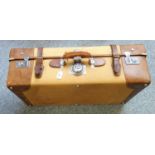 Vintage canvas and leather suitcase, W 76.5cm