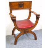 Masonic Master?s oak chair with a fluted panel back centred by a shield with initials ?JWM? and date