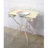 Early 20th century French white painted wrought iron washstand with scroll decoration, two drawers