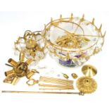 Brass circular part ceiling light fitting with swags bulb holders and prismatic drops, D. 38cm,