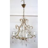 Gilt lacquered electrolier (chandelier) with 6 scroll branches, drip pans, simulated candles, bead