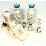 A Pair of Longwy pottery vases with typical crackle glazed body decorated butterflies, cranes and
