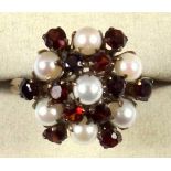 Victorian yellow metal pearl and garnet floral cluster ring, size G, 3.3grs