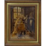 A French crystoleum depicting a gentleman and lady taking tea in an interior, 25 cm x 19cm