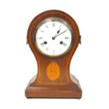 Edwardian mantel clock with a white enamelled circular dial, black Roman numerals enclosing an 8-day