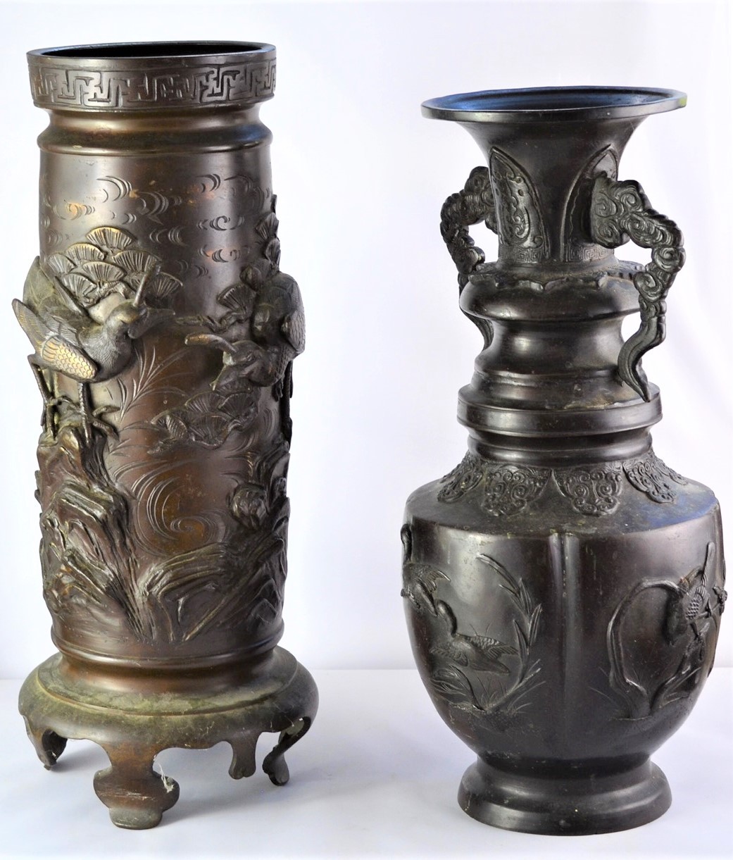 Japanese Meiji period bronze twin handled vase, with relief decoration of birds in trees, 37 cm - Image 2 of 9