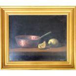 Juan Soler (born 1951), still life of copper pan and sliced lemon, still life of pewter jug and