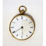 19th century continental 18K open faced gold pocket watch with a white enamel circular dial, black