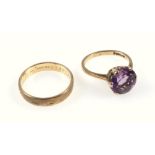 9ct gold ring set amethyst, ring size E, 2.5 grams and a 9ct wedding ring, size F, 2.2 grams