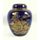 A Crown Devon pottery ovoid jar and cover, decorated in coloured enamels with a chinoiserie scene