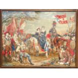 Petit point tapestry depicting an Elizabethan scene with 3 figures on horseback and a child