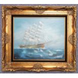 20th century English School, a four mast tall ship on the high seas, oil on canvas, indistinctly