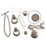 Edwardian silver Albert, 2 similar lockets on chains, pair of crescent earrings, 3 rings, bangle and