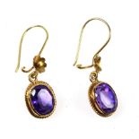 Pair of yellow metal synthetic amethyst pendant earrings, stamped 750, gross 4.3grs (2)