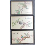 A set of three Chinese embroidered silk on silk panels, worked in colours depicting birds on