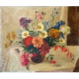 Mary Eastman (20th century), still life study of flowers in a vase resting upon a table, oil on