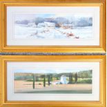 T Moore (contemporary), a winter landscape and a continental summer scape, watercolours, a pair,