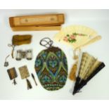 Pair of mother-of-pear opera glasses, beadwork purse, ladies ivory fan, J. Duvelleroy fan box and