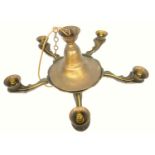 Brass circular five branch electrolier with pineapple and scroll decoration, D 54cm