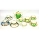 Eleven piece Hammersley green and gilt decorated part tea service together with further teawares