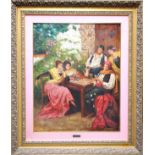 Bacener (20th century), ?Partida de Cartas? ? Figures playing cards in a sunlit courtyard, oil on