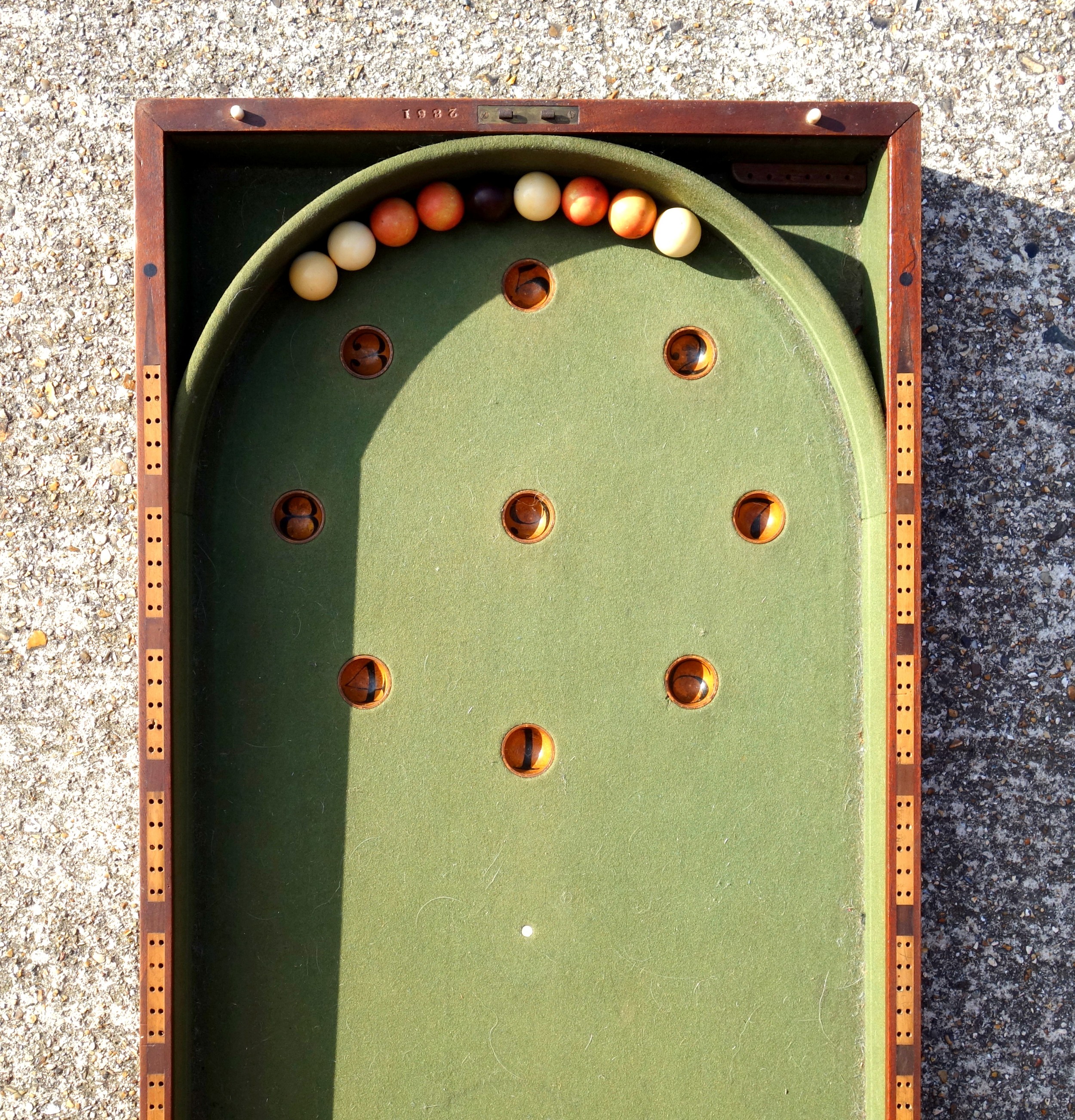 Victorian mahogany table top folding bagatelle board with 9 ivory balls, numbered 2861, ( - Image 2 of 4