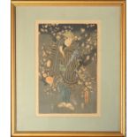 A Japanese woodblock figural print depicting a man standing amidst prunus trees, signed, 35cm x 23cm
