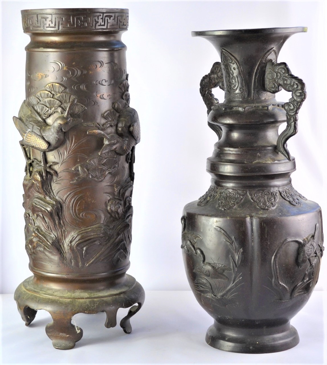 Japanese Meiji period bronze twin handled vase, with relief decoration of birds in trees, 37 cm - Image 3 of 9