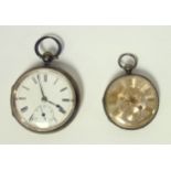 Victorian silver open faced pocket watch with a circular dial, gilt Roman numerals and seconds