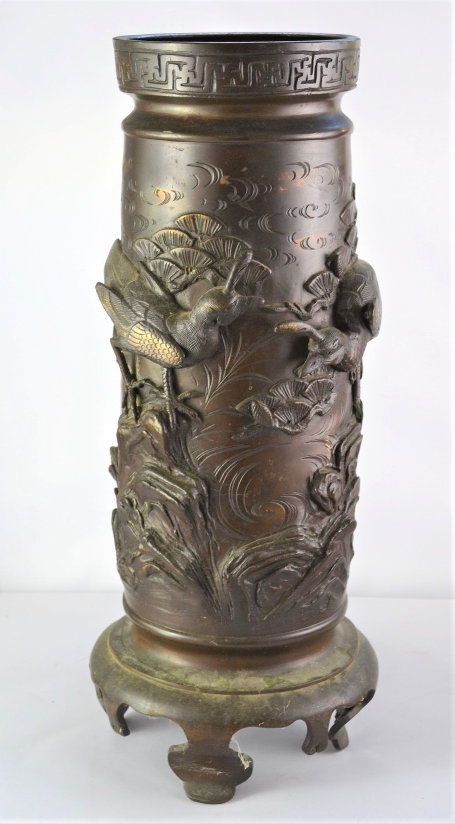 Japanese Meiji period bronze twin handled vase, with relief decoration of birds in trees, 37 cm - Image 7 of 9