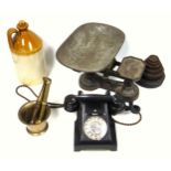 A set of Vintage kitchen scales with 6 graduated weights, a wooden handle poleaxe, a stoneware