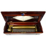 Late 19th century Swiss walnut and marquetry cylinder musical box playing six airs, the handle