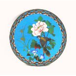 Japanese cloisonné saucerdish with a bird perched on a peony, and climbing flowers, within a