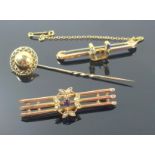 Victorian 9ct gold lover?s knot bar brooch set sapphire and 3 diamonds, 9ct floral triple bar brooch