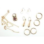 Pair of 9ct gold pendant earrings, 2 pairs of 9ct loop earrings, 9ct fine chain (a/f), 4.2 grs,