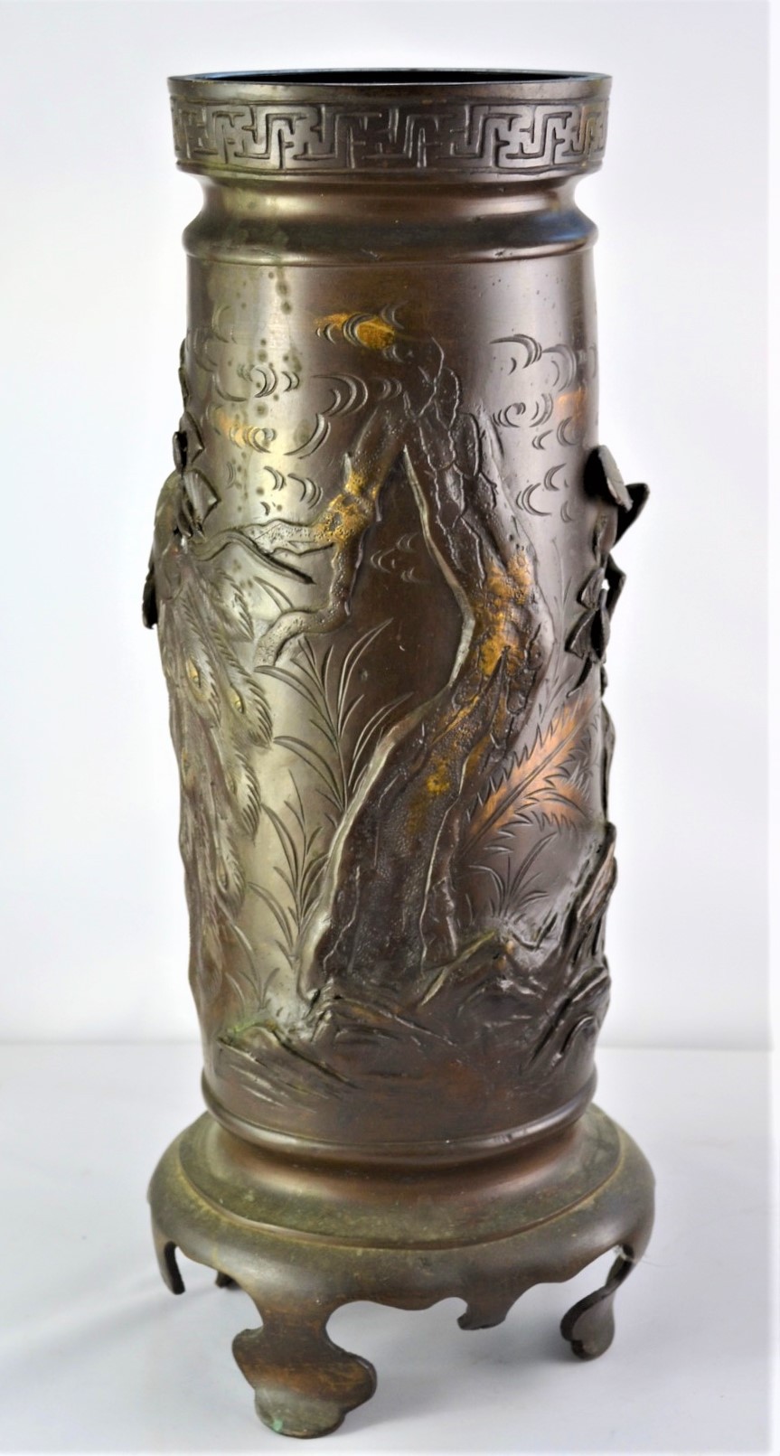 Japanese Meiji period bronze twin handled vase, with relief decoration of birds in trees, 37 cm - Image 6 of 9