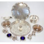 Silver plated Chippendale style salver on 3 involute scroll feet, by Elkington, D 30.7cm, floral