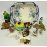 Continental porcelain group of a woman, seated, with a lamb, H 14cm, 6 other figures, Beswick pig;