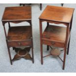 A late George III mahogany two tier wash stand, the moulded edge top over a frieze drawer on