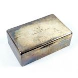 George V silver presentation rectangular cigarette box with an inscribed hinged cover, by Mappin &