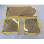 Brass and glass rectangular coffee table, 105.5 x 45.7cm, and a pair of similar square tables, W