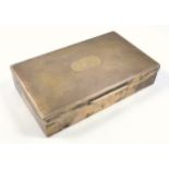 Silver rectangular cigarette box with a hinged engine turned cover with vacant cartouche, by