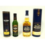 Glen Moray single Speyside malt 40% vol., 70cl, in carton, old labelling 1990's and a half bottle of