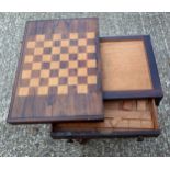 Victorian rosewood work/games table with a checker inlaid rectangular top and a drawer, on a ?U?