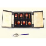 Set of 6 silver gilt and red enamel demi-tasse coffee spoons, by T & S, Birmingham 1956, cased,