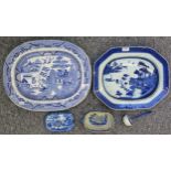 A 19th century Chinese porcelain canted rectangular meat plate, decorated in under glaze blue with a