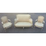 Louis XVI style cream and gilt salon sofa with padded curved scroll arms, upholstered in all-over