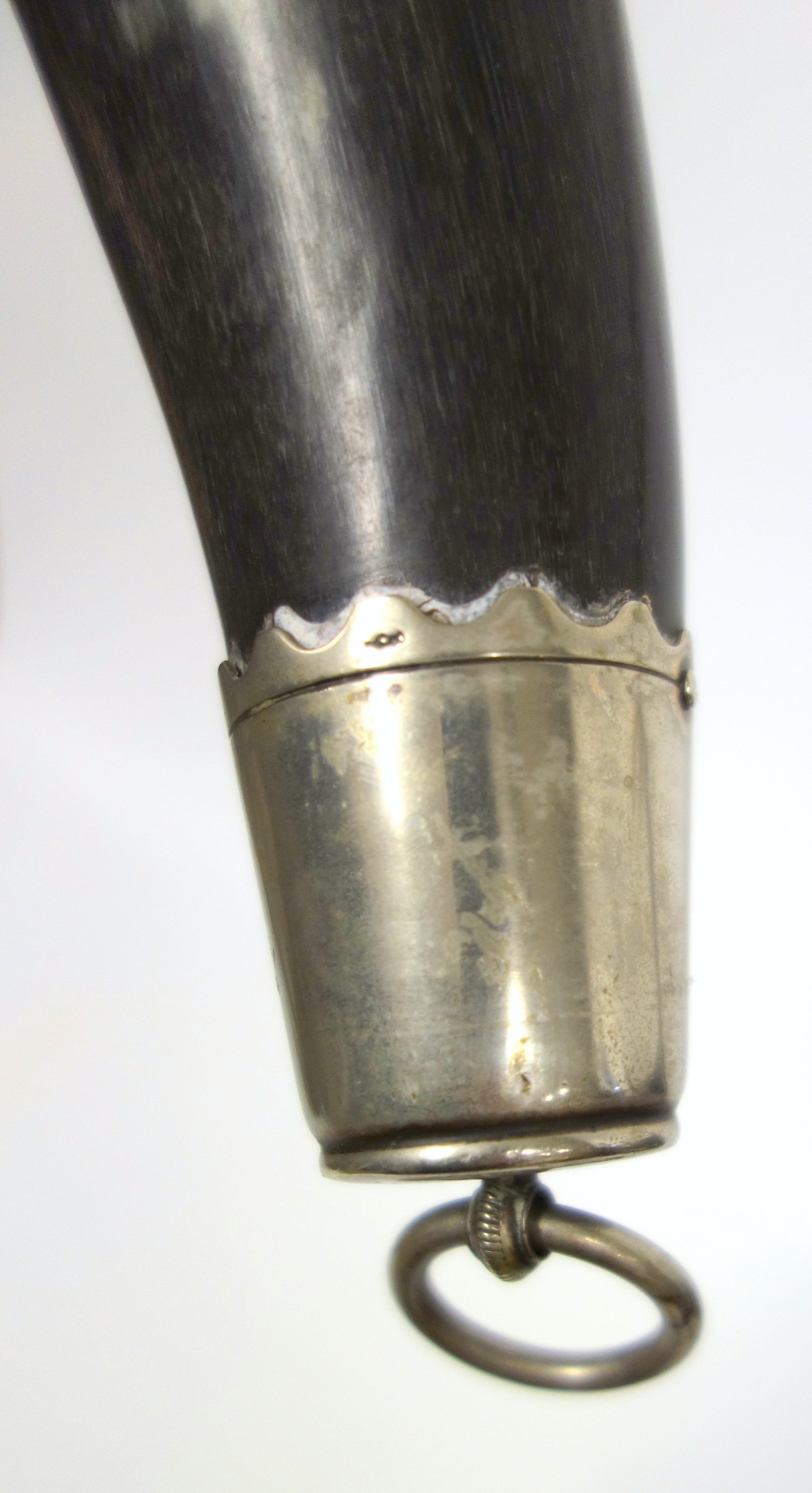 A Continental white metal mounted drinking horn, possibly German, bearing marks, 23 cm long - Image 6 of 6